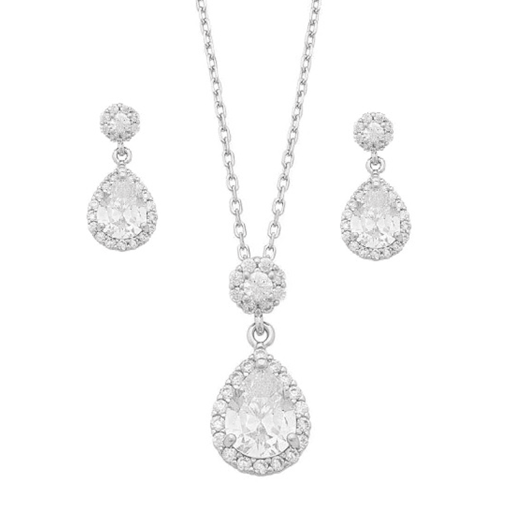 Pear Halo and Round Halo Stud Earring and Necklace Set with Cubic Zirconia in Sterling Silver Jewellery Sets Bevilles Jewellers 
