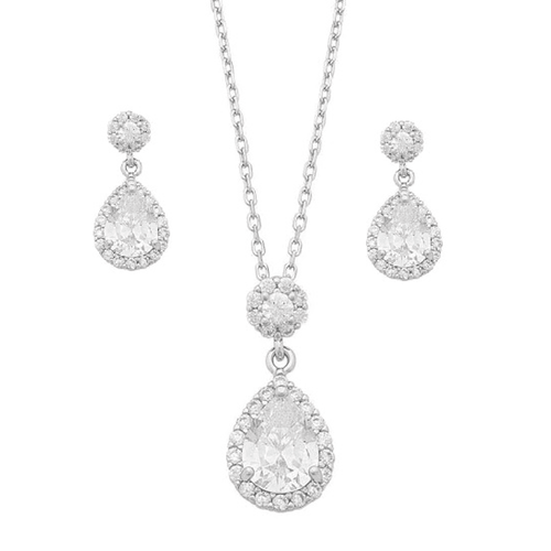 Pear Halo and Round Halo Stud Earring and Necklace Set with Cubic Zirconia in Sterling Silver Jewellery Sets Bevilles Jewellers 
