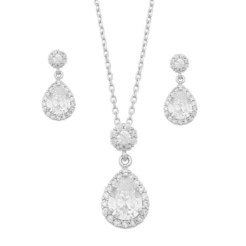 Pear Halo and Round Halo Stud Earring and Necklace Set with Cubic Zirconia in Sterling Silver Jewellery Sets Bevilles Jewellers 