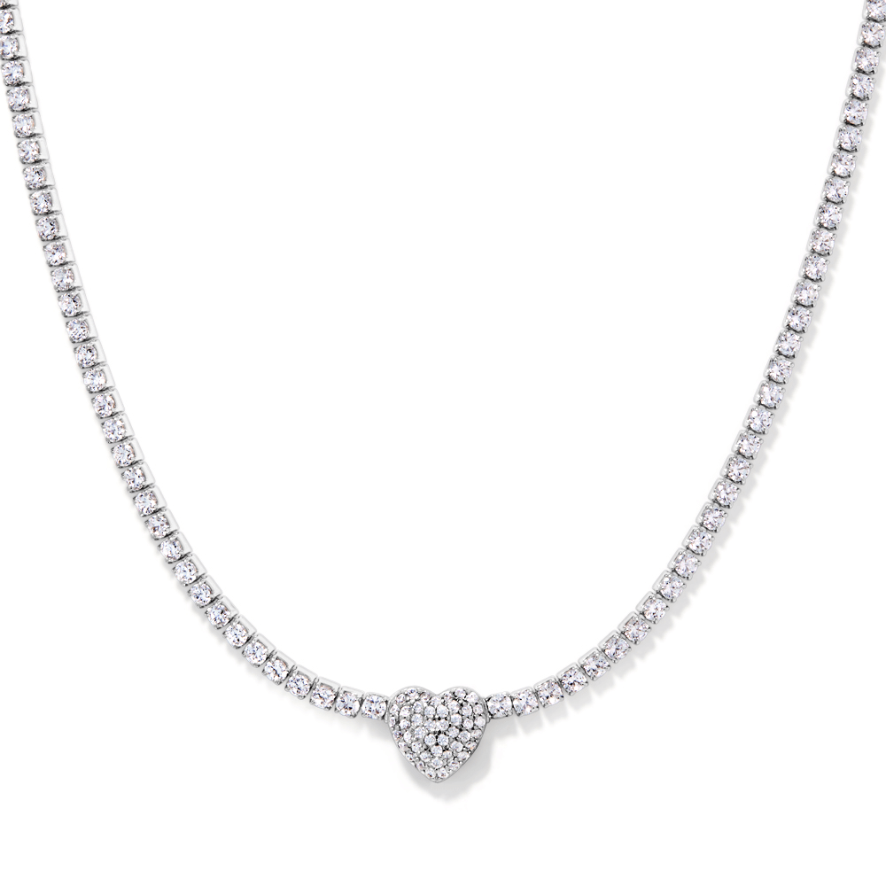 43cm 2mm Width Pave Heart Cubic Zirconia Tennis Necklace in Sterling Silver Pendants Bevilles 