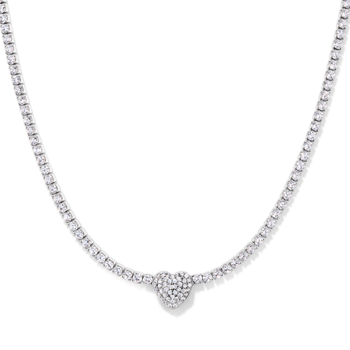 43cm 2mm Width Pave Heart Cubic Zirconia Tennis Necklace in Sterling Silver Pendants Bevilles 