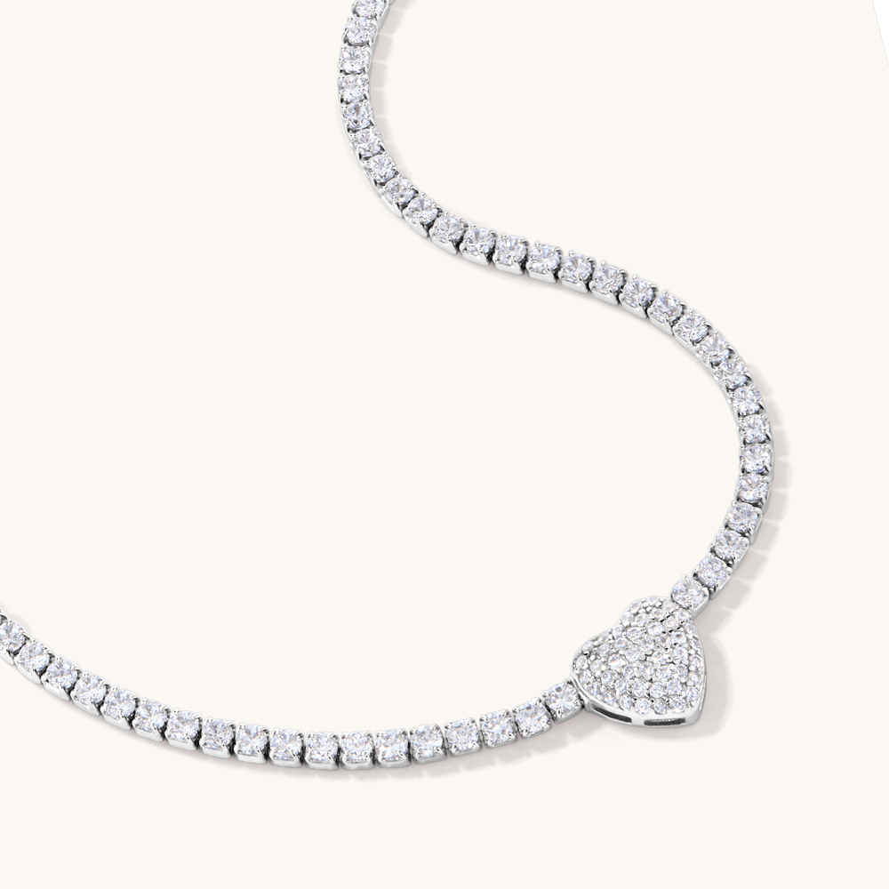 43cm 2mm Width Pave Heart Cubic Zirconia Tennis Necklace in Sterling Silver Pendants Bevilles 