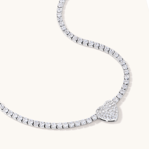 43cm 2mm Width Pave Heart Cubic Zirconia Tennis Necklace in Sterling Silver Pendants Bevilles 