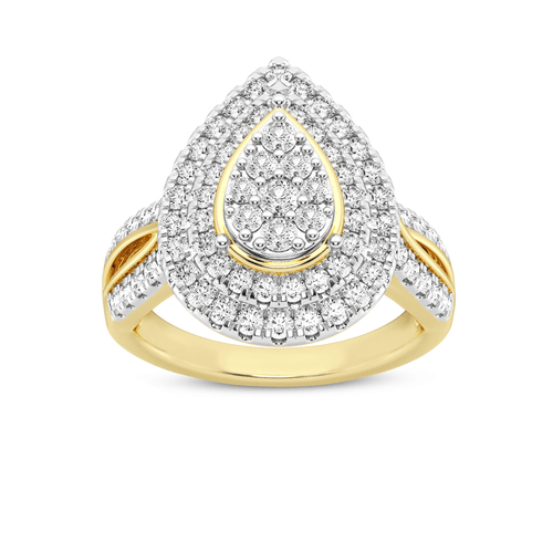 Double Pear Halo Ring with 1.00ct of Diamonds in 9ct Yellow Gold Rings Bevilles Jewellers 