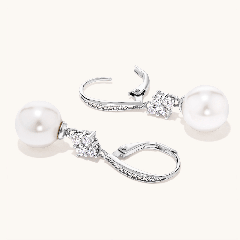 Synthetic Pearl Hoop Earrings with Cubic Zirconia in Sterling Silver Earrings Bevilles 