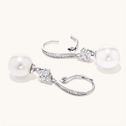 Synthetic Pearl Hoop Earrings with Cubic Zirconia in Sterling Silver Earrings Bevilles 