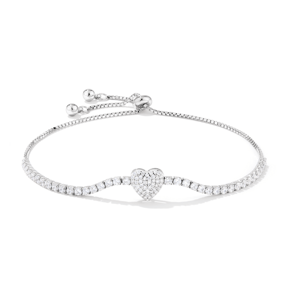 24cm 2mm Width Cubic Zirconia Pave Heart Tennis Bolo Bracelet in Sterling Silver Bracelets Bevilles 