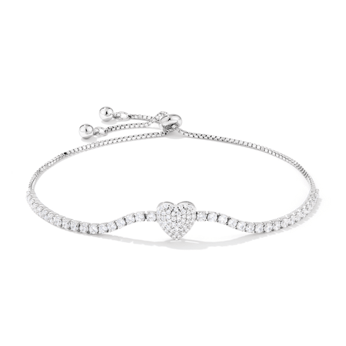 24cm 2mm Width Cubic Zirconia Pave Heart Tennis Bolo Bracelet in Sterling Silver Bracelets Bevilles 