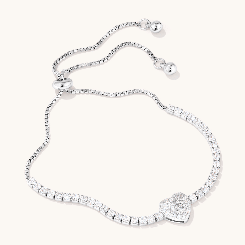 24cm 2mm Width Cubic Zirconia Pave Heart Tennis Bolo Bracelet in Sterling Silver Bracelets Bevilles 