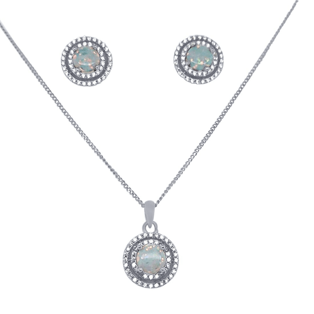Double Halo Synthetic Opal Necklace and Stud Earrings Set Bevilles 