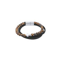21.5cm Men's Black Leather Bracelet with Brown Beads and Cross in Stainless Steel Bracelets Bevilles 