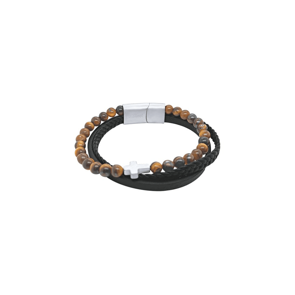 21.5cm Men's Black Leather Bracelet with Brown Beads and Cross in Stainless Steel Bracelets Bevilles 