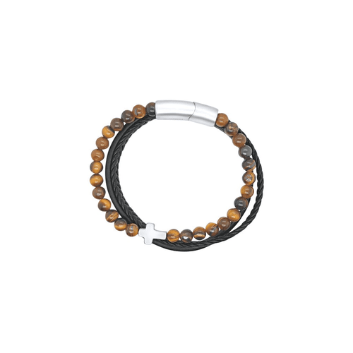 21.5cm Men's Black Leather Bracelet with Brown Beads and Cross in Stainless Steel Bracelets Bevilles 