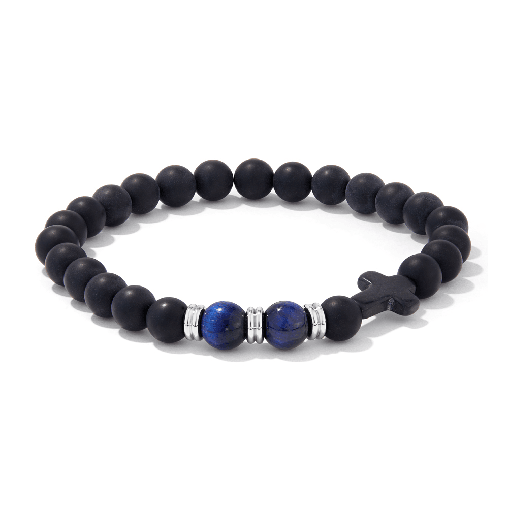 20cm Cross Bracelet with Black and Blue Beads in Stainless Steel Bracelets Bevilles 