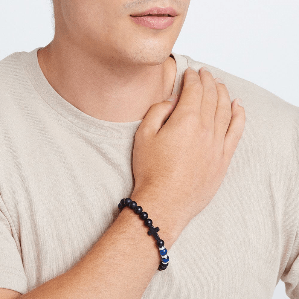 20cm Cross Bracelet with Black and Blue Beads in Stainless Steel Bracelets Bevilles 