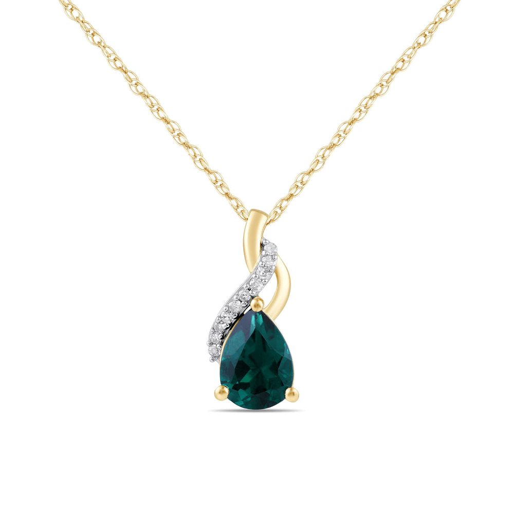 Pear Created Emerald Swirl Diamond Set Necklace in 9ct Yellow Gold Bevilles Jewellers 
