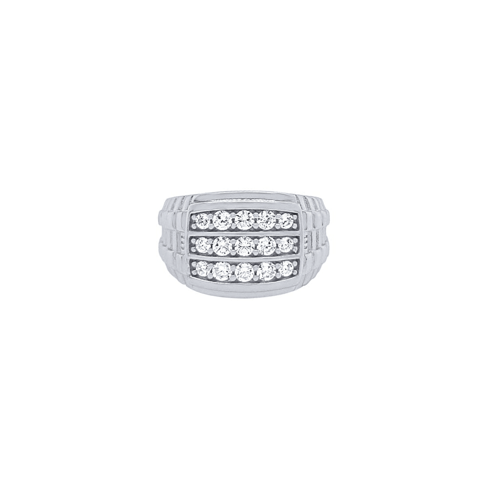 Three Row Patterned Ring with Cubic Zirconia in Sterling Silver Rings Bevilles 