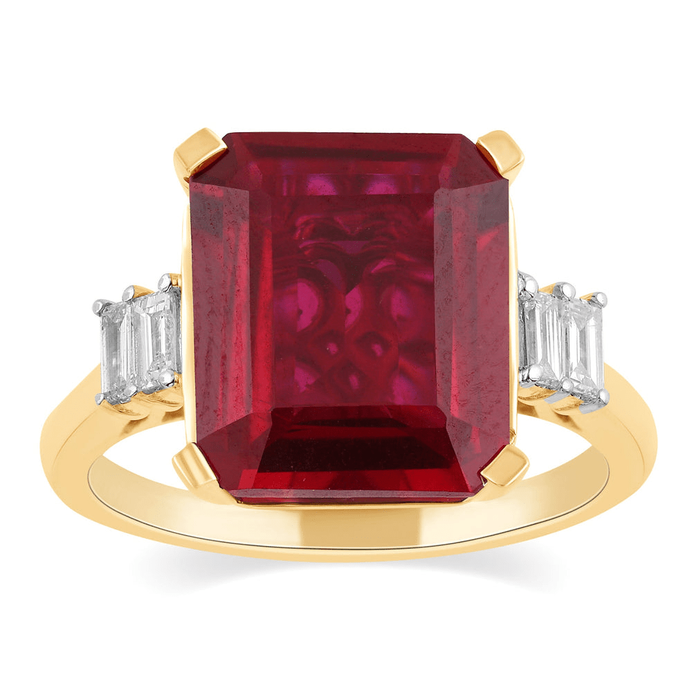 Emerald Cut Created Ruby Ring with 0.15tw of Diamonds in 9kt Yellow Gold Rings Bevilles 