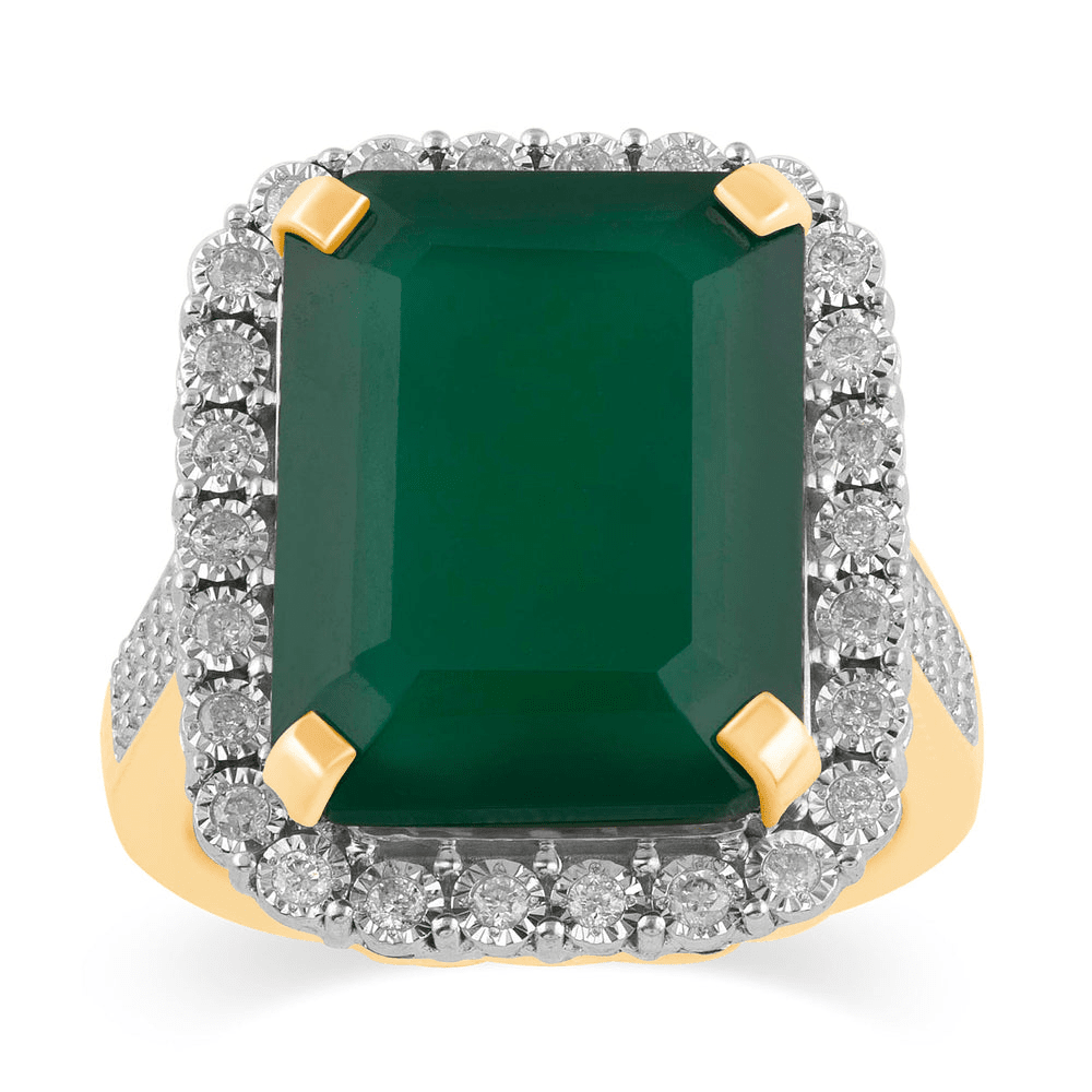 Emerald Cut Green Onyx Halo Ring with 0.40tw of Diamonds in 9kt Yellow Gold Rings Bevilles 