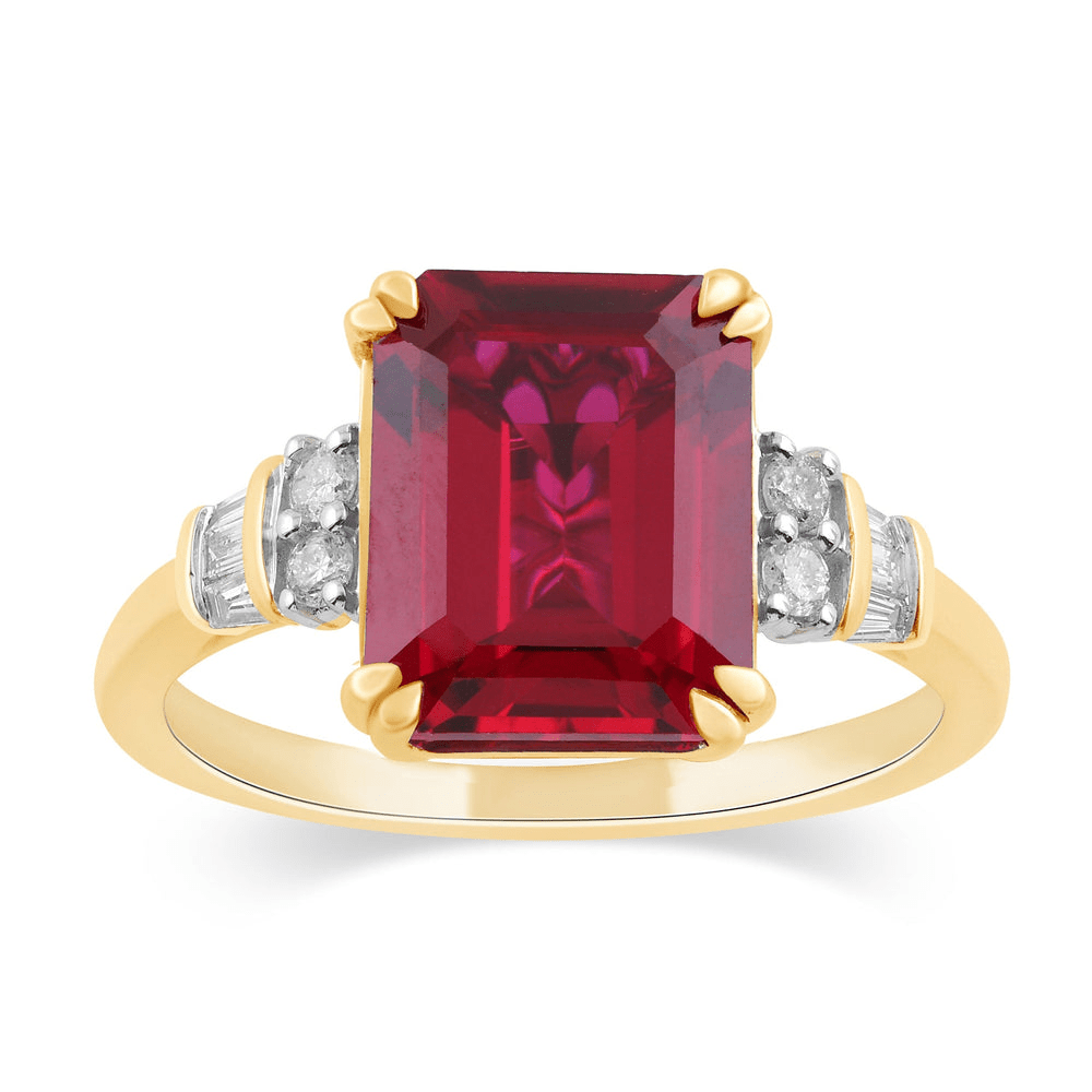 Emerald Cut Created Ruby Ring with 0.15tw of Diamonds in 9kt Yellow Gold Rings Bevilles 