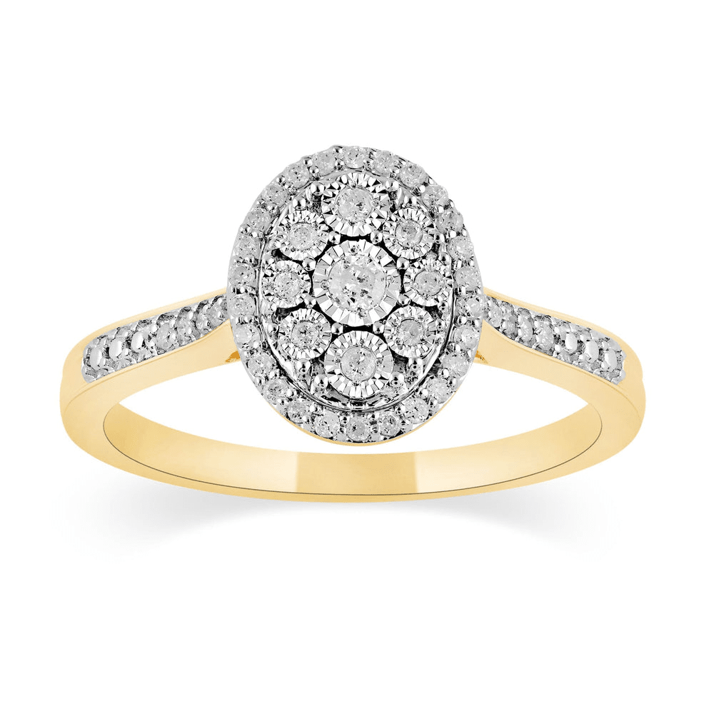 Oval Shaped Halo Ring with 0.15tw of Diamonds in 9kt Yellow Gold Rings Bevilles 