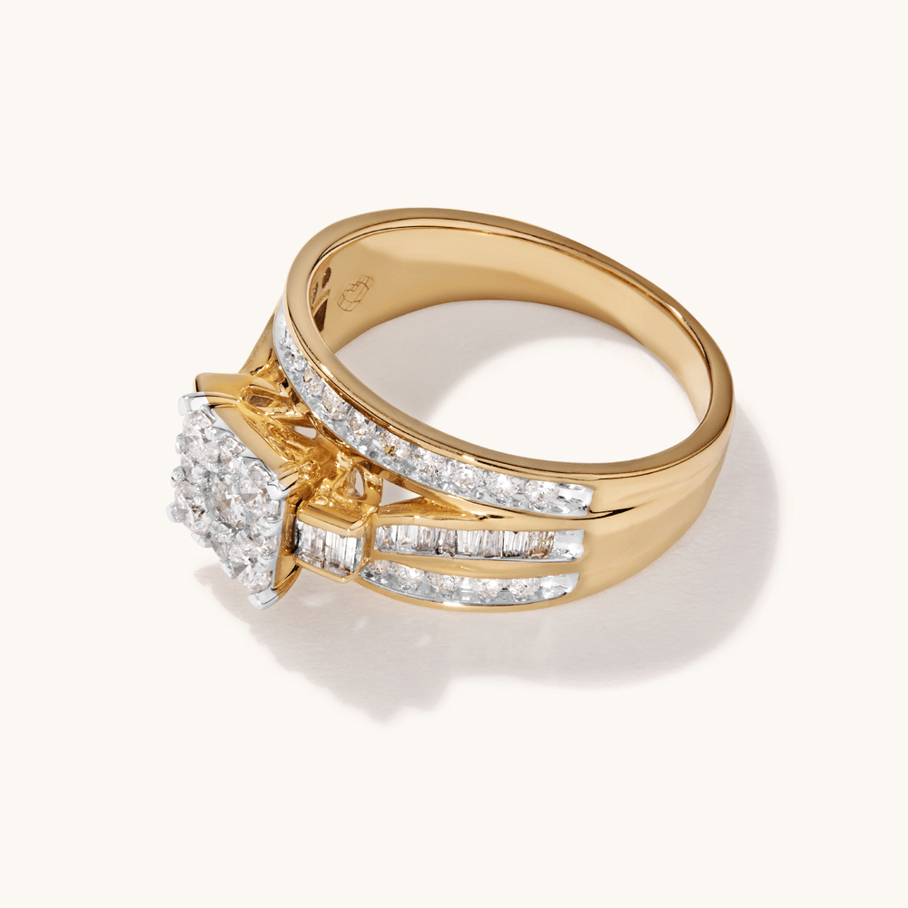 Cluster Square Shoulder Ring with 1.00tw of Diamonds in 9kt Yellow Gold Rings Bevilles 