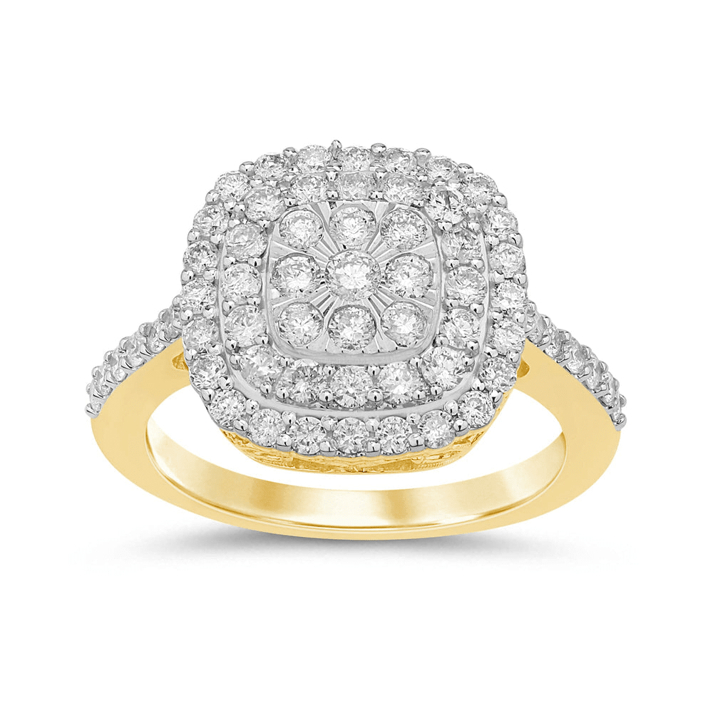 Double Halo Square Look Ring with 1.00tw of Diamonds in 9kt Yellow Gold Rings Bevilles 