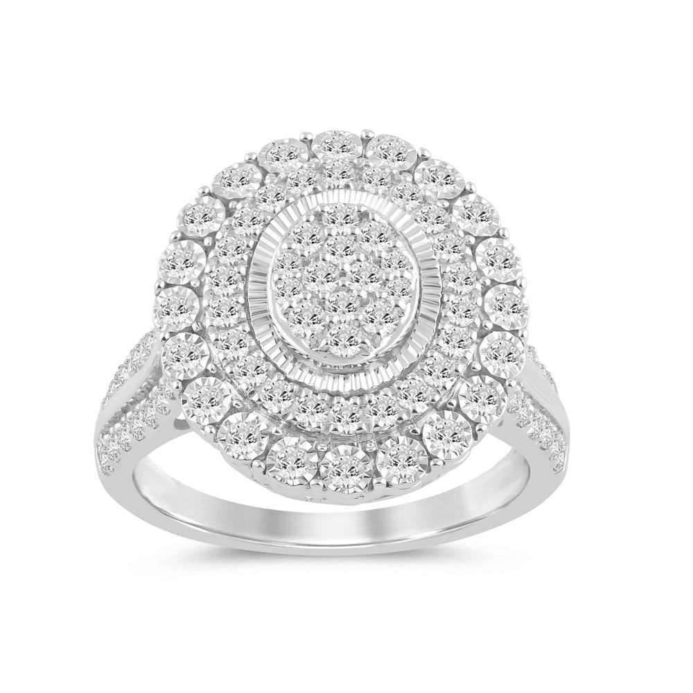 Miracle Surround Halo Oval Shaped Ring with 1.00tw of Diamonds in Sterling Silver Rings Bevilles 