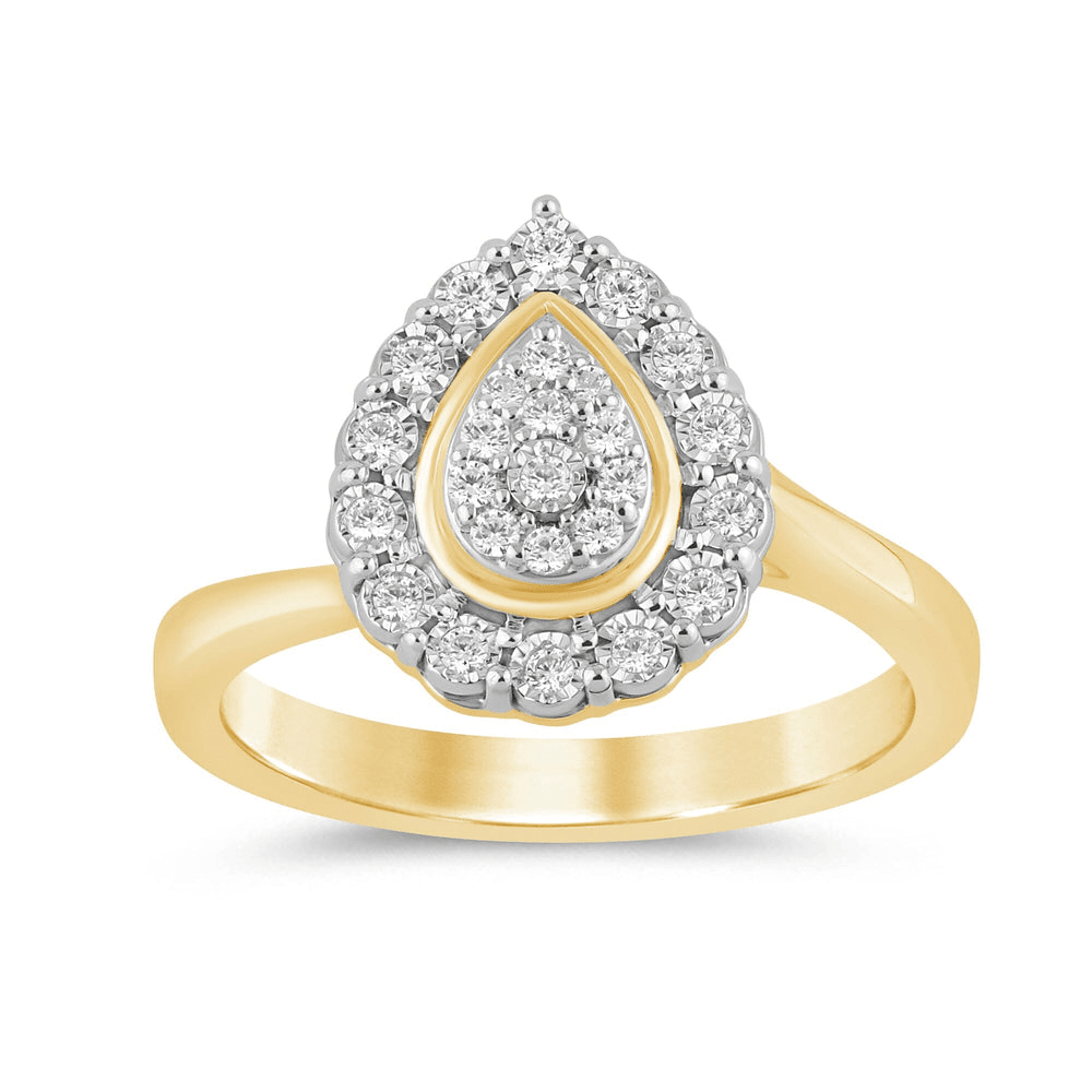 Pear Halo Sweep Shoulder Ring with 0.16tw of Diamonds in 9kt Yellow Gold Rings Bevilles 
