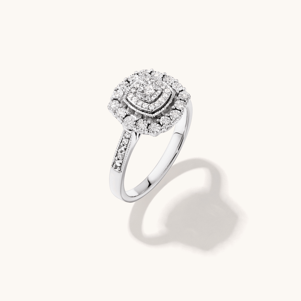 Fancy Surround Cushion Shaped Ring with 0.15tw of Diamonds in Sterling Silver Rings Bevilles 