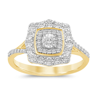 Fancy Miracle Halo Cushion Shaped Ring with Diamonds in 9kt Yellow Gold Rings Bevilles 