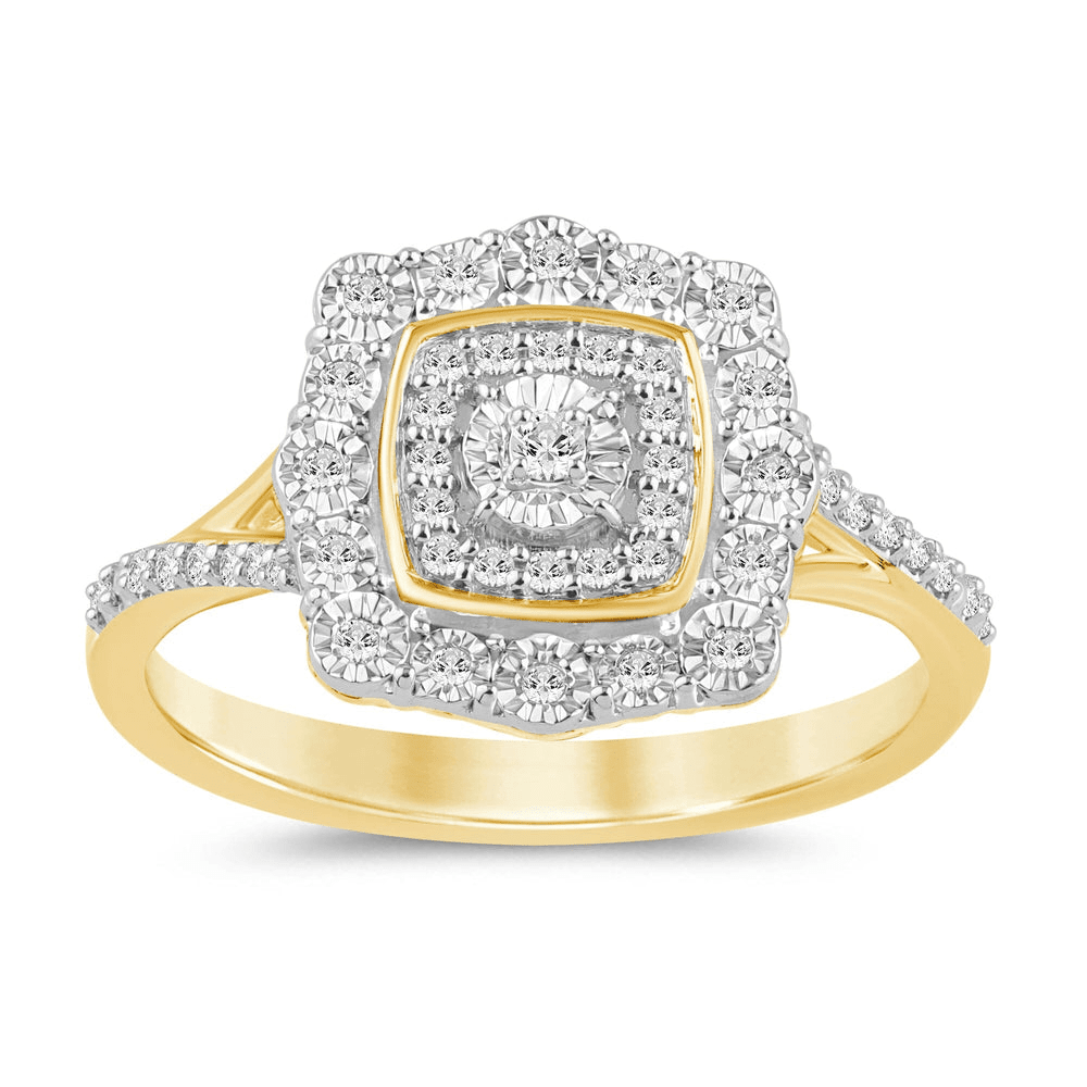 Fancy Miracle Halo Cushion Shaped Ring with Diamonds in 9kt Yellow Gold Rings Bevilles 