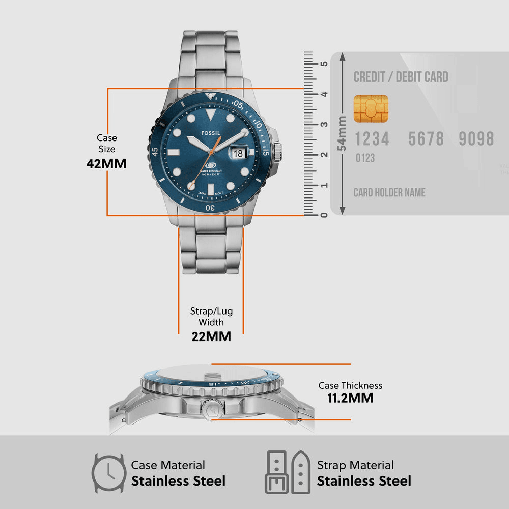 Fossil Blue Dive Three-Hand Date Stainless Steel Watch FS6050 Watches Fossil 