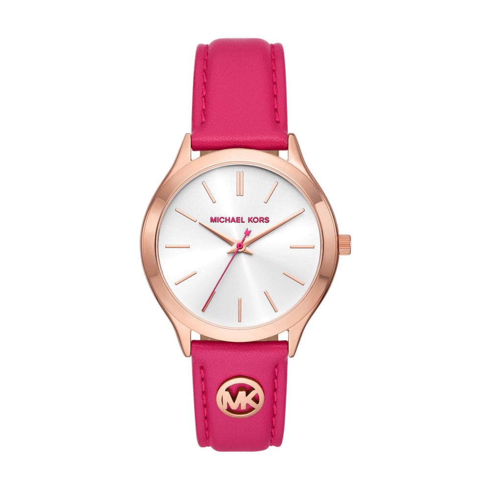 Michael Kors Slim Runway Three-Hand Deep Pink Leather Watch MK7469 Bevilles Jewellers 