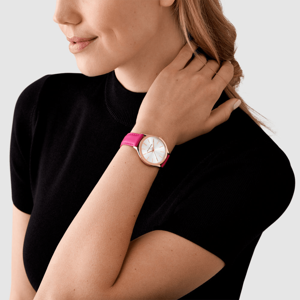 Michael Kors Slim Runway Three-Hand Deep Pink Leather Watch MK7469 Bevilles Jewellers 