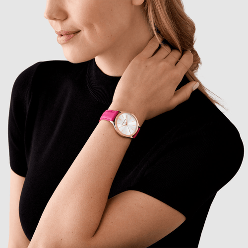 Michael Kors Slim Runway Three-Hand Deep Pink Leather Watch MK7469 Bevilles Jewellers 