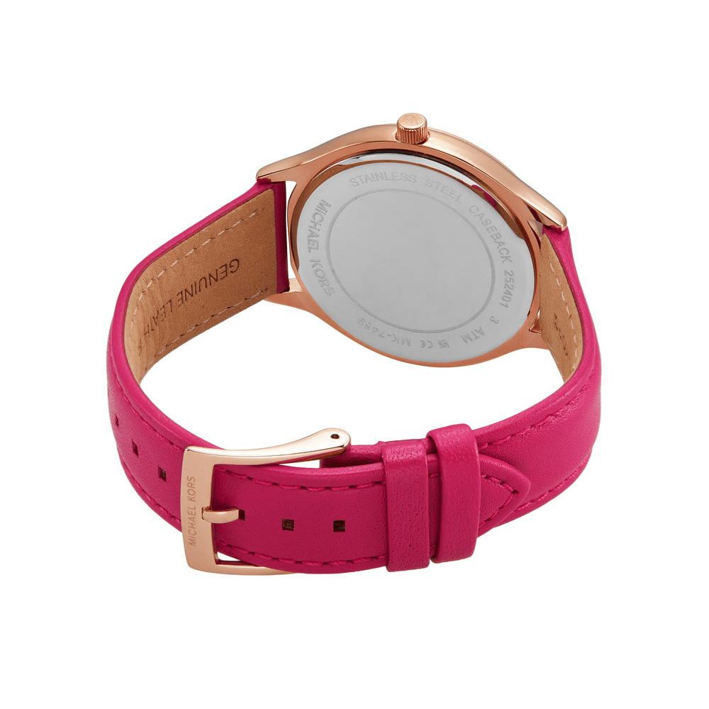 Michael Kors Slim Runway Three-Hand Deep Pink Leather Watch MK7469 Bevilles Jewellers 