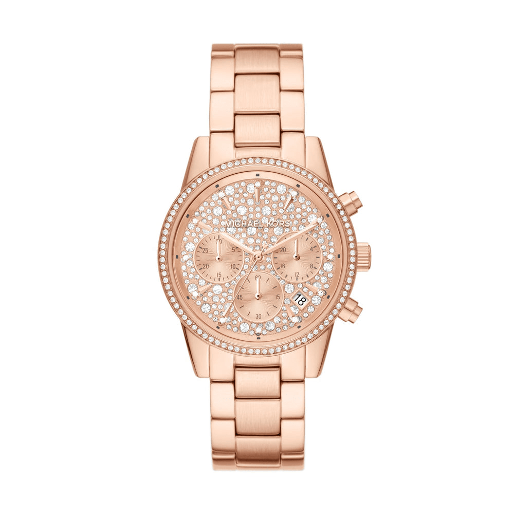 Michael Kors Women's Ritz Chronograph Rose Gold-Tone Stainless Steel Watch MK7302 Bevilles Jewellers 