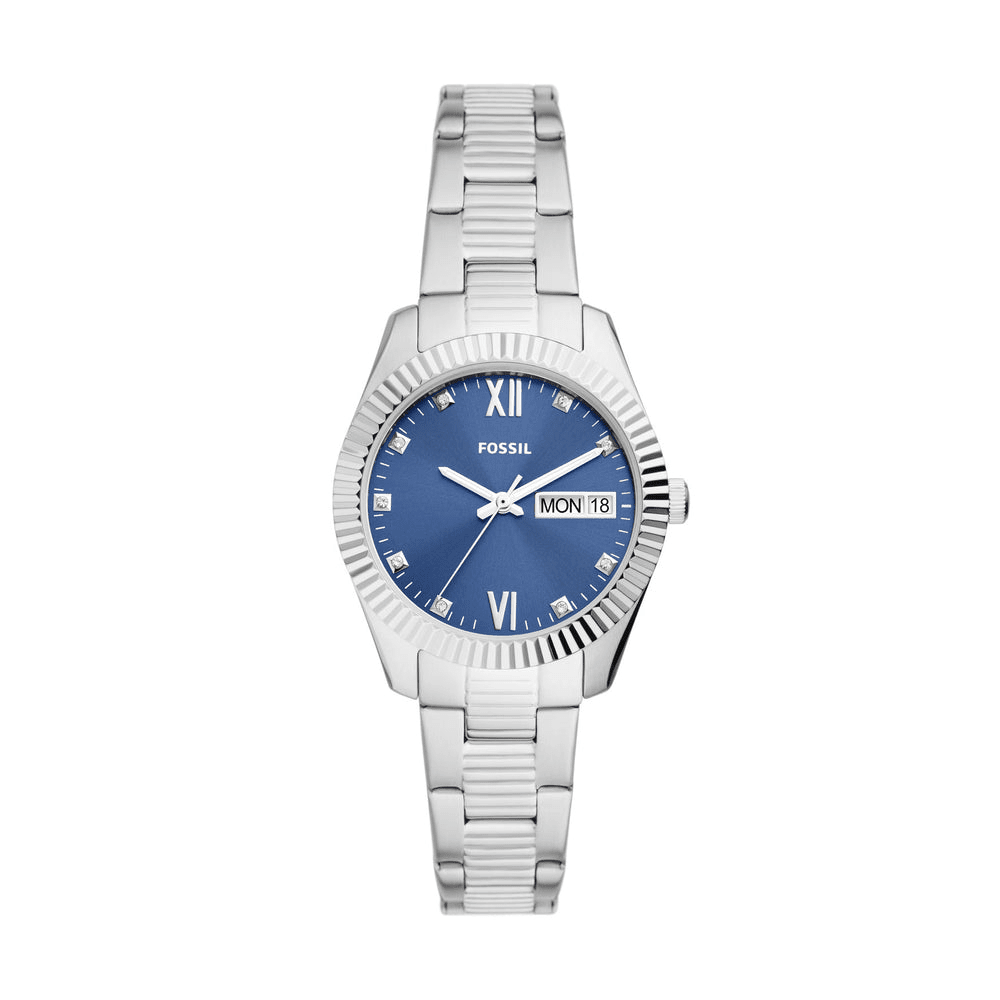 Fossil Scarlette Silver and Blue Women's Watch ES5197 Bevilles Jewellers 