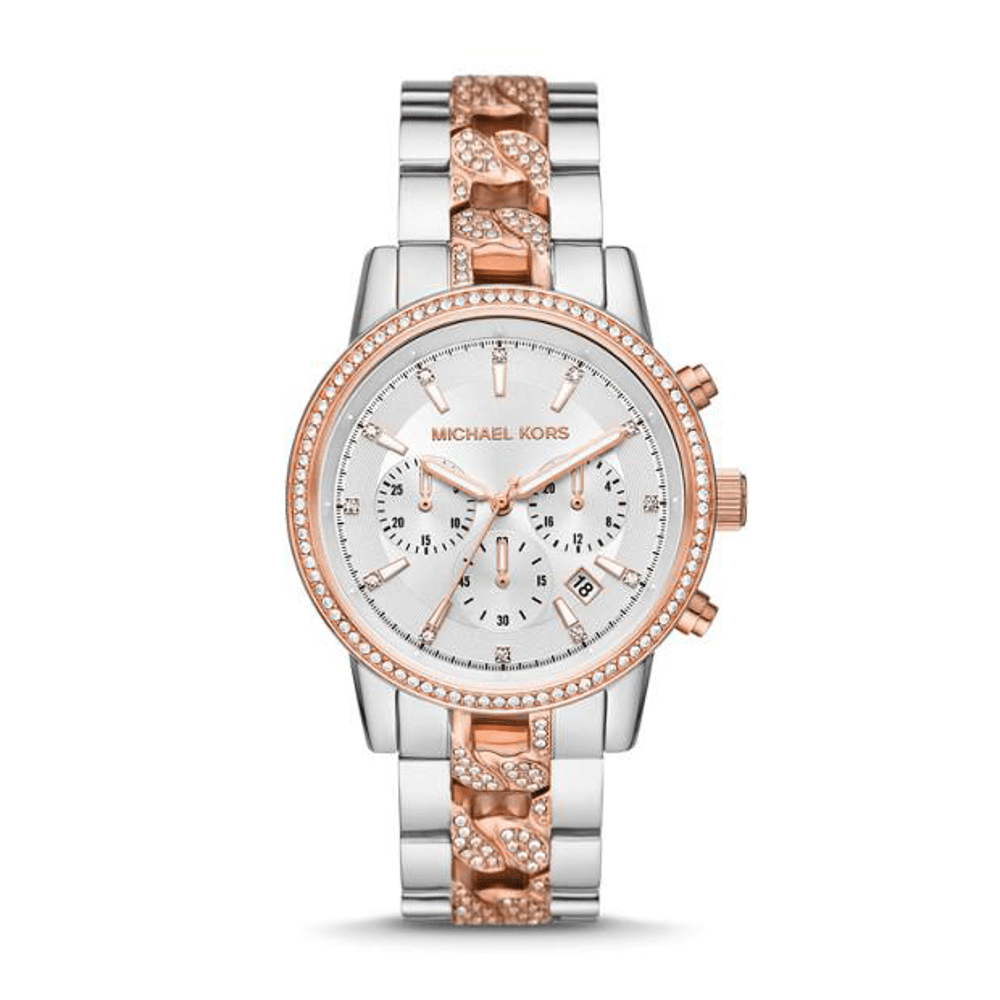 Michael Kors Ritz Crystal 2 Tone Silver and Rose Women's Watch MK6938 Bevilles Jewellers 