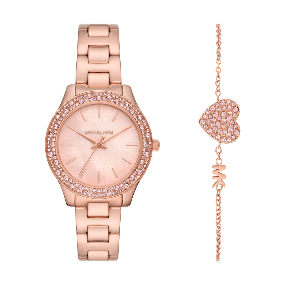 Michael Kors Women's Liliane Three-Hand Rose Gold-Tone Stainless Steel Watch and Bracelet Set MK1068SET Bevilles Jewellers 