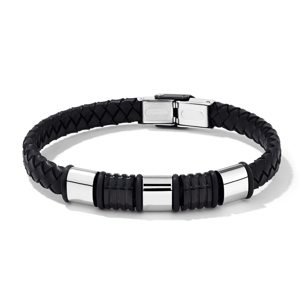21.5cm Black Rubber And Leather Bracelet in Stainless Steel Bracelets Bevilles 
