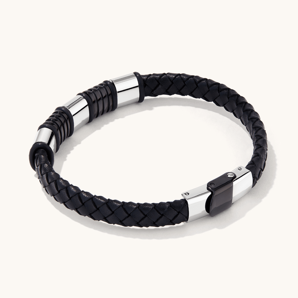 21.5cm Black Rubber And Leather Bracelet in Stainless Steel Bracelets Bevilles 