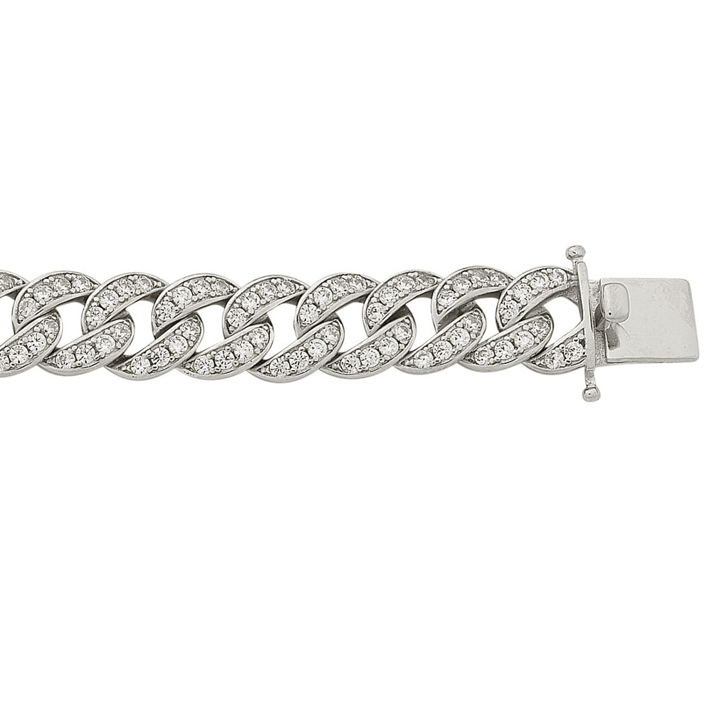 19cm 9mm Width Cubic Zirconia Pave Set Curb Bracelet in Sterling Silver Bracelets Bevilles 
