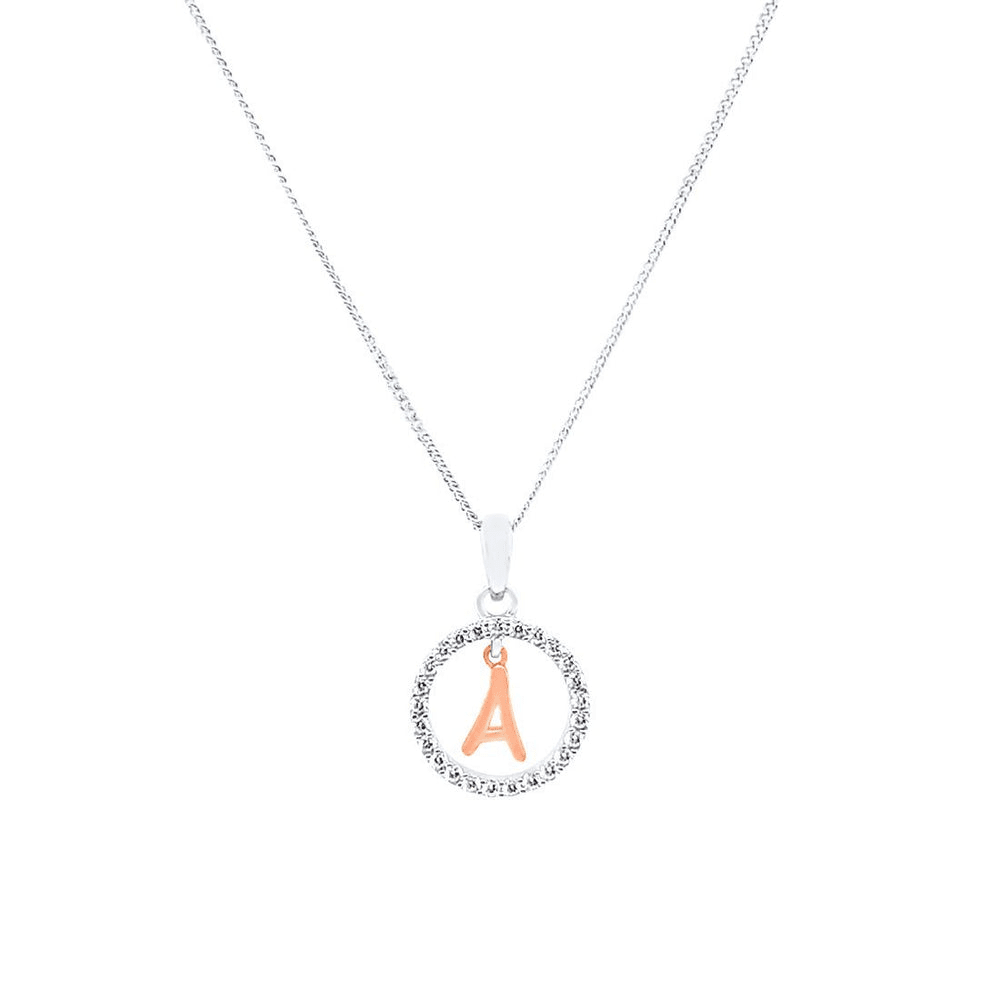 45cm Sterling Silver & Rose Plated Initial Necklace with Cubic Zirconias Pendants Bevilles 