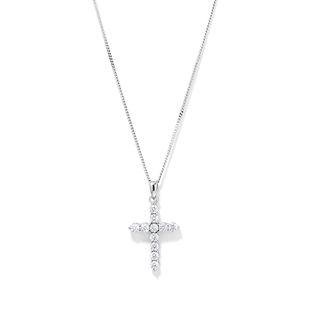 45cm Sterling Silver Cubic Zirconia Cross Necklace Pendants Bevilles 