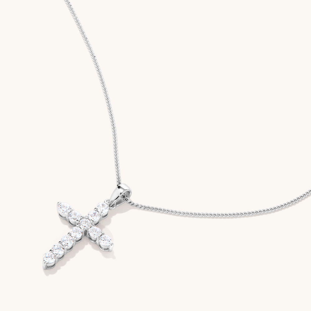 45cm Sterling Silver Cubic Zirconia Cross Necklace Pendants Bevilles 