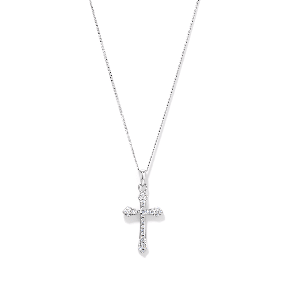 45cm Flared Cross Necklace with Cubic Zirconia in Sterling Silver Pendants Bevilles 