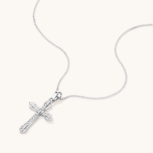 45cm Flared Cross Necklace with Cubic Zirconia in Sterling Silver Pendants Bevilles 