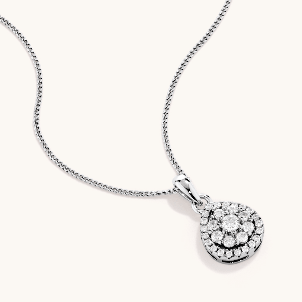 45cm Cubic Zirconia Pear Halo Necklace in Sterling Silver Pendants Bevilles 
